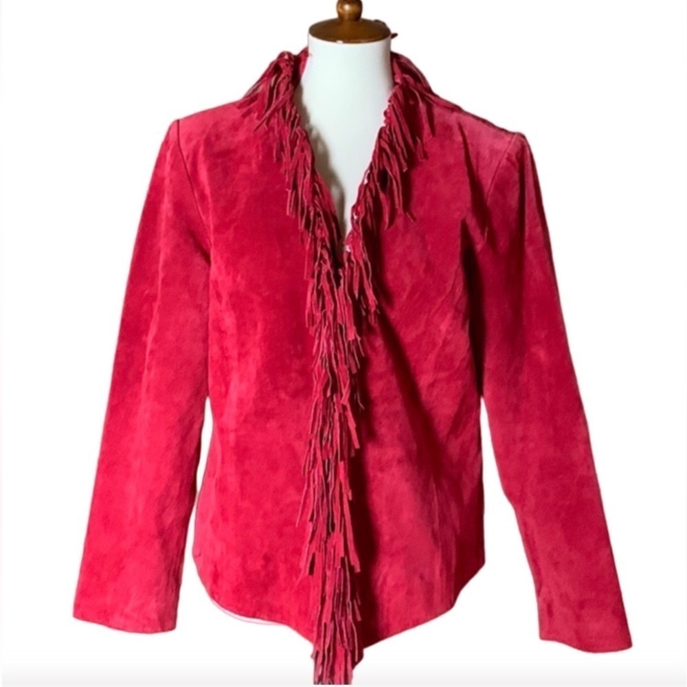 Dialogue red suede leather jacket with fringe detail Size Medium